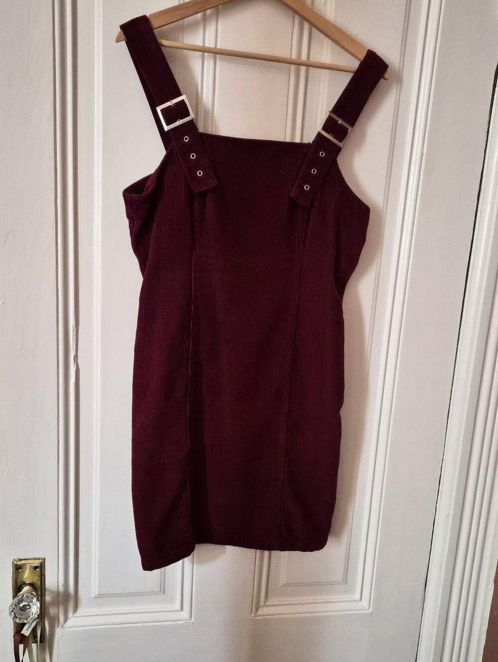 Topshop Burgundy Corduroy Pinafore Mini Dress with Buckle Straps